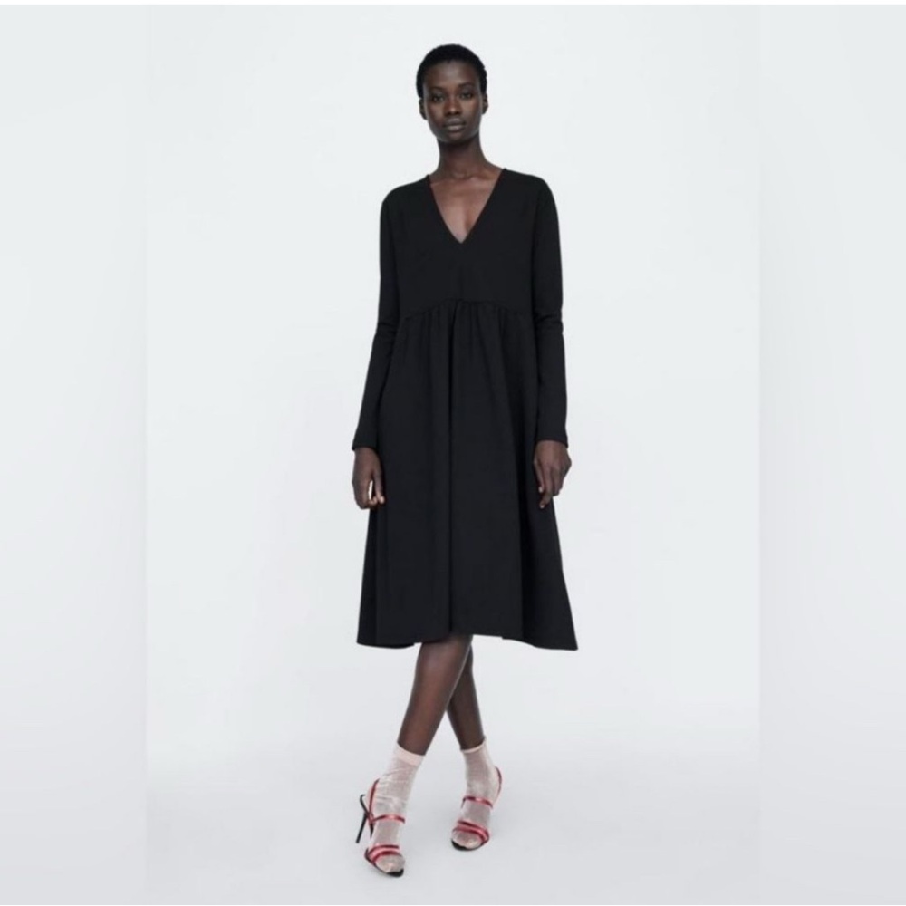 Zara Women Black Small V-neck Modest Cottagecore Minimalist Dress Lagenlook